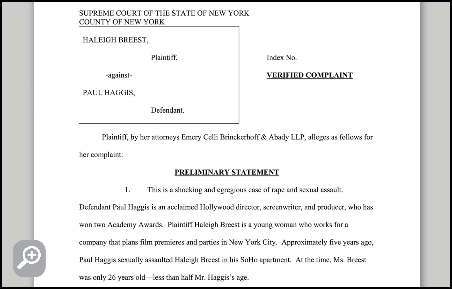 New York publicist Haleigh Breest’s complaint, filed in December 2017 after Haggis tried to sue her into silence, details his alleged rape and seeks relief and damages.