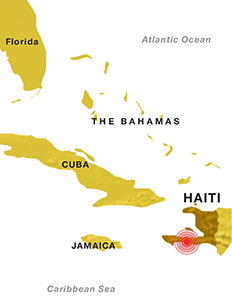 Kort over jordskælv i Haiti.