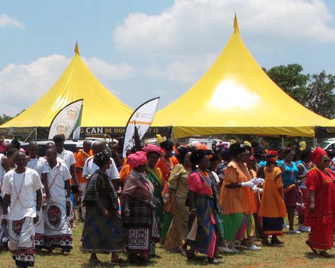 The bright yellow tent of the Scientology Volunteer Ministers African Good Will Tour at the annual Mampuru Day celebration January 25, 2014, honoring the memory and heritage of King Mampuru II