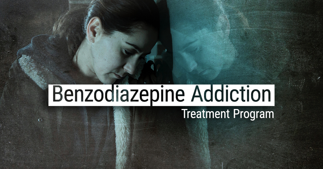 Upset man sitting on floor, text of Benzodiazepine behind him