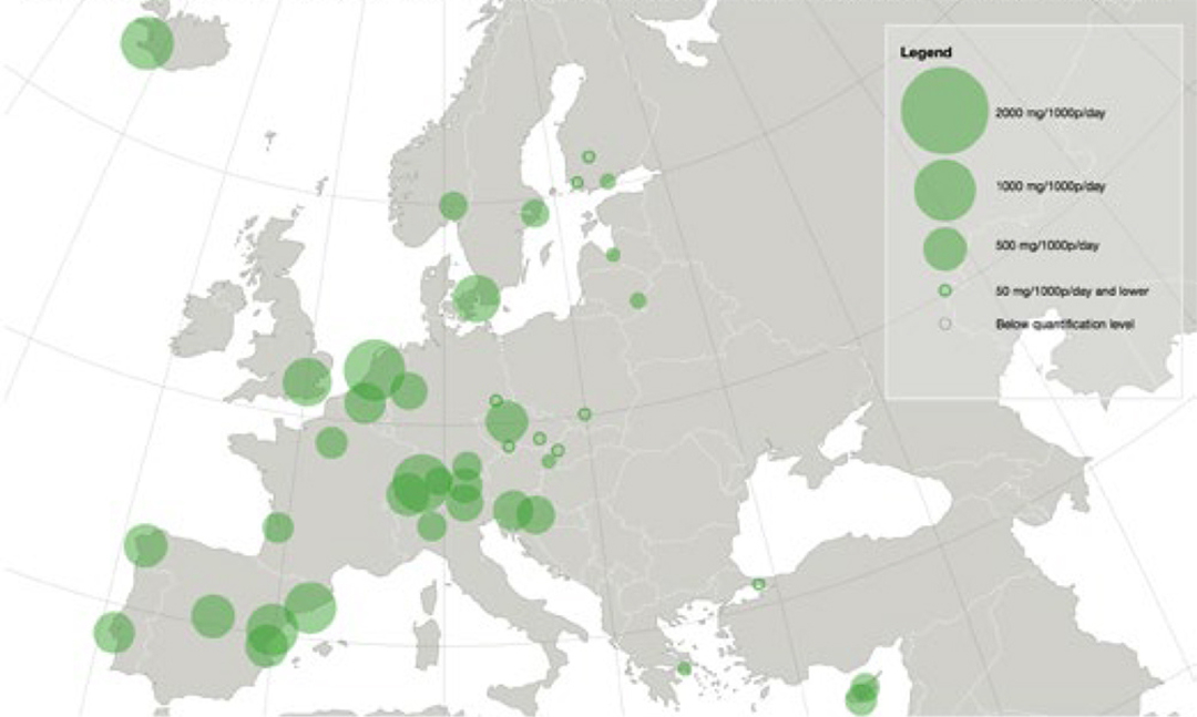 Kokainrester i spildevand, udvalgte europæiske byer 2019