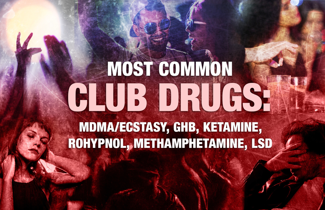 Most common club drugs: MDMA/Ecstasy, GHB, Ketamine, Rohypnol, Meth, LSD