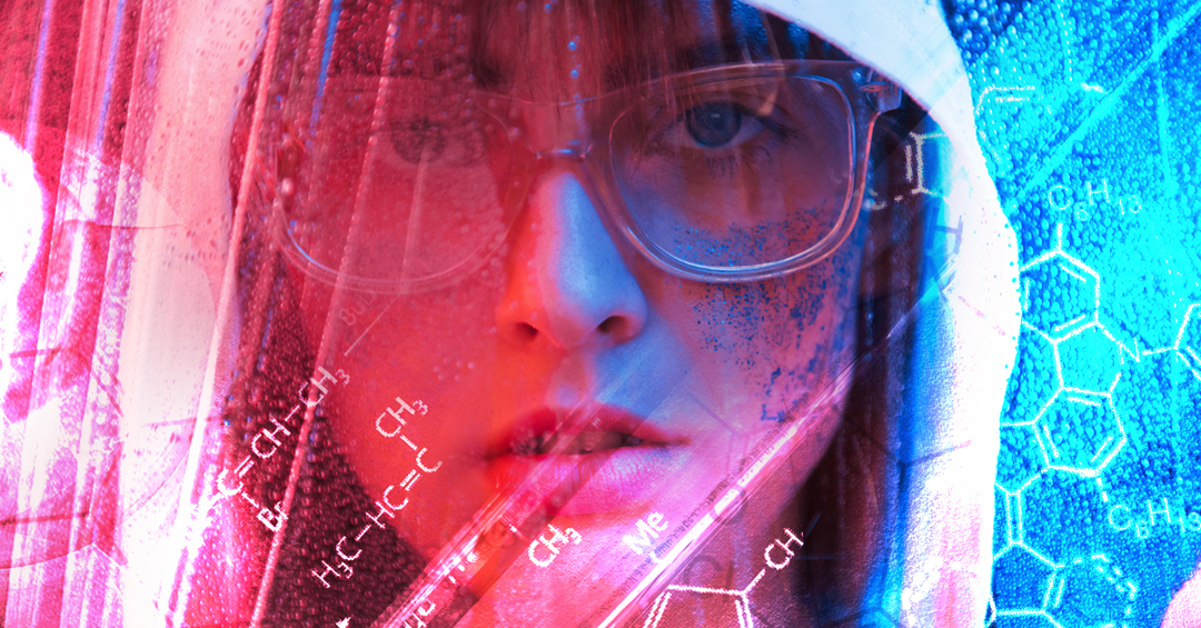 Artistic image of woman with red and blue neon overlays