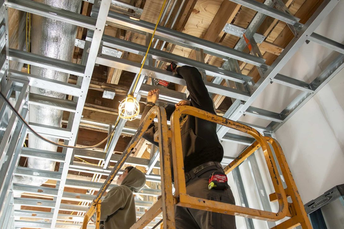 Overhead framing arranged for mechanical systems.