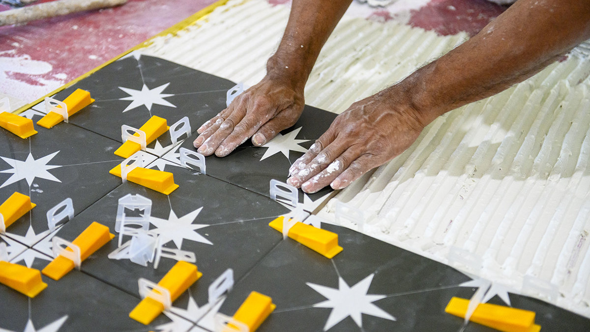 World Bank Tile Pattern Decorative Floor Tile Installation Advances at the Peoples Bank Building
