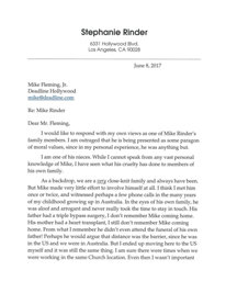 Letter from Stephanie Rinder to Deadline Hollywood