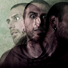 Overlayed images of a man loosing his mind