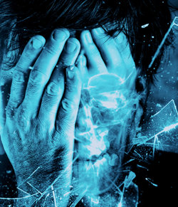 Artistic image overlaying a person's face with a skull