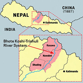 Map of the Bhote Koshi-Trishuli River System through the Rasuwa, Nuwakot and Dhading districts of northern Nepal