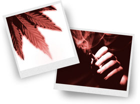 Picture of marijuana leaf and man smoking a joint.