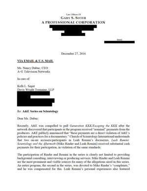 Letter from Gary Soter to Nancy Dubuc of 27 December 2016 re A&E Series on Scientology