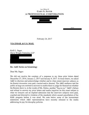 Letter from Gary Soter to Kelly Sager of 24 February 2017 re A&E Series on Scientology