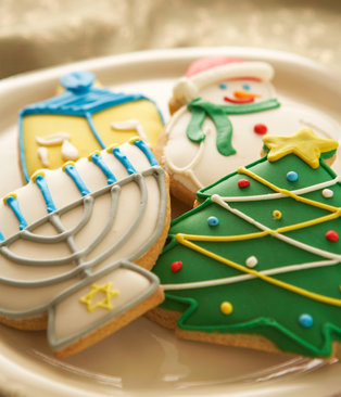 Christmas tree cookie with menorah cookie