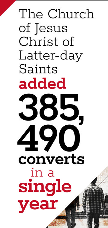 The Church of Jesus Christ of Latter-day Saints added 385,490 converts in a single year.