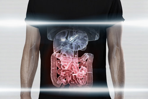 Image of bowels overlayed over photo of person
