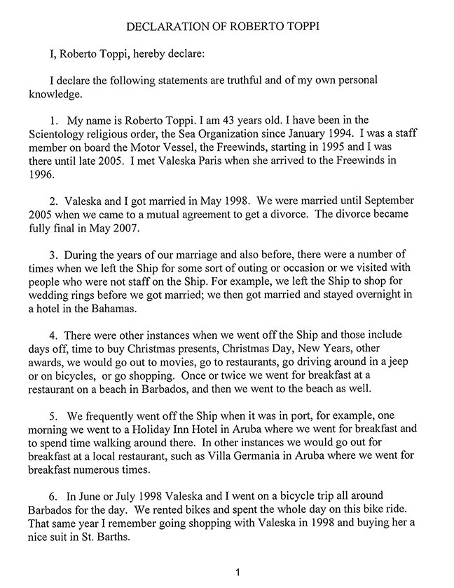 Roberto Toppi declaration about Valeska Paris