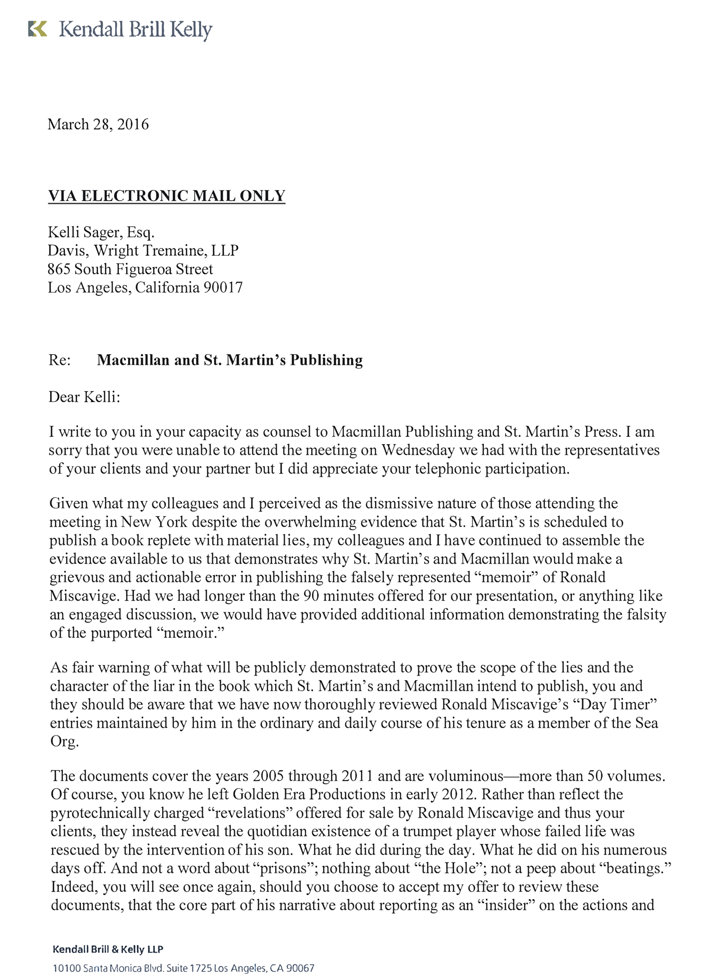 Letter to Ron Miscavige publisher, St. Martin's Press, March 28, 2016