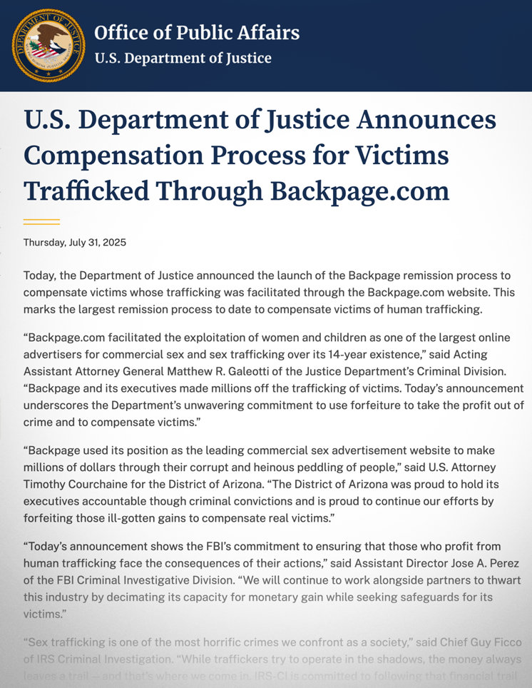 DOJ payout to sex trafficking victims statement 
