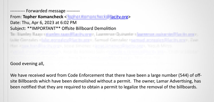 Email excerpt from city of LA