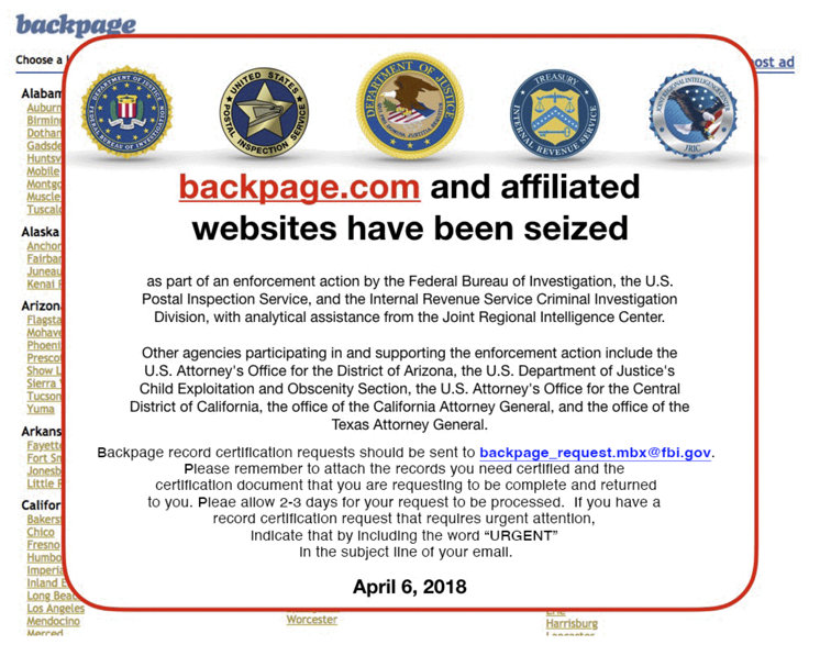 Backpage website shut down by the FBI