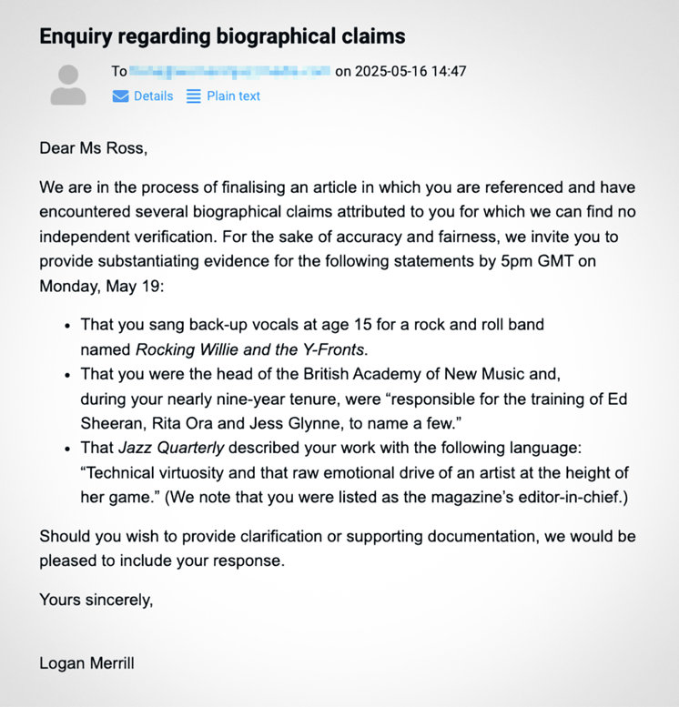 Freedom inquiry to Fiona Ross