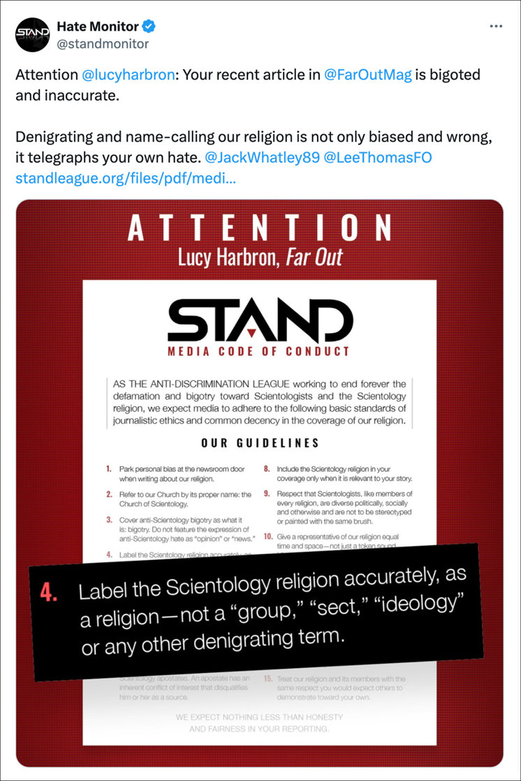 STAND League tweet about Far Out bigotry