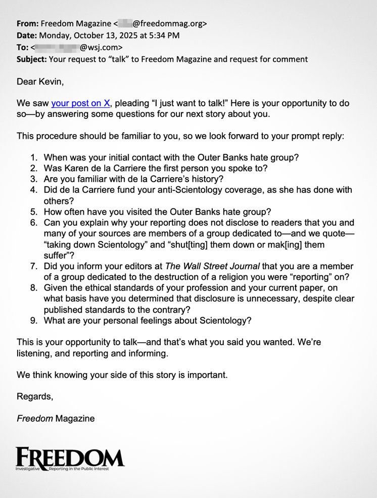 Freedom magazine inquiry to Kevin Dugan