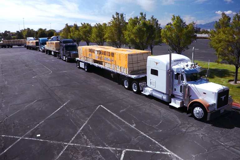 The convoy was led by a truck from Texas. It has a Texas longhorn on its grill and cabin.