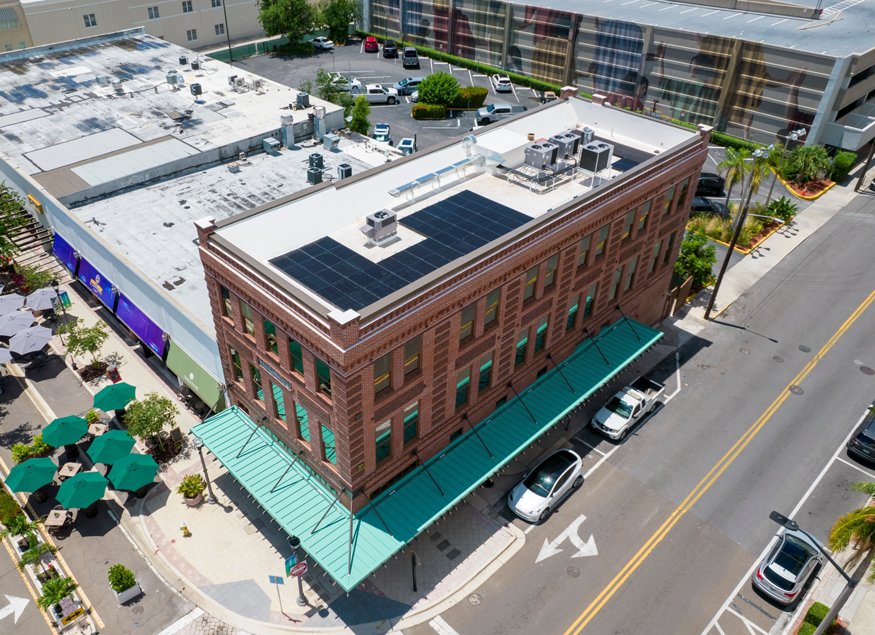 Rooftop solar panels on Telephone Building viewed from above.