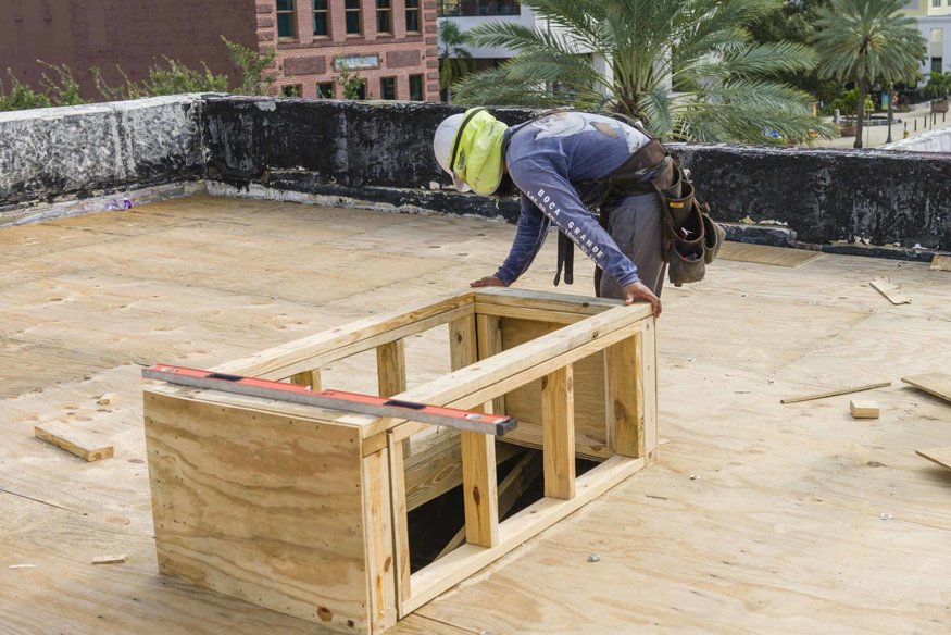 Raised wood curbs on the Woolworth Building roof skylight openings.