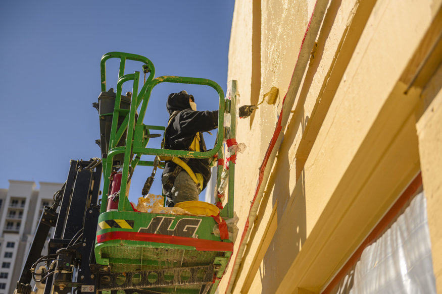 Exterior waterproofing creates a uniform surface following masonry repairs.