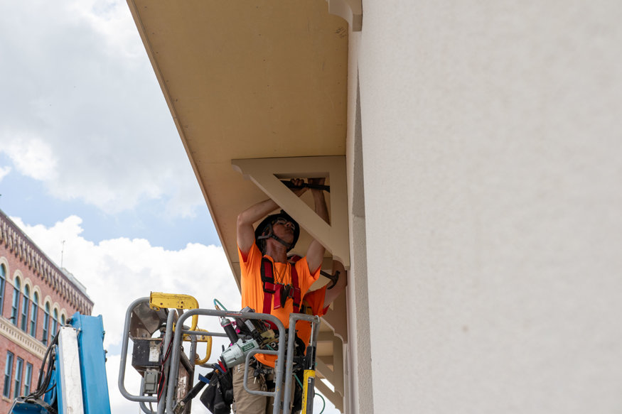 Aerial lift used for upper façade restoration. 