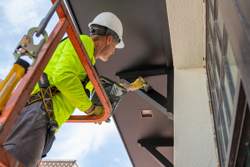 Painted awning supports close-up. 