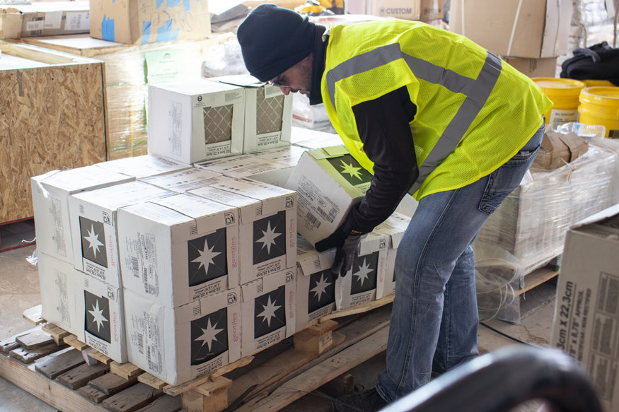 Decorative ceramic tiles arrive at the Peoples Bank building ahead of installation.