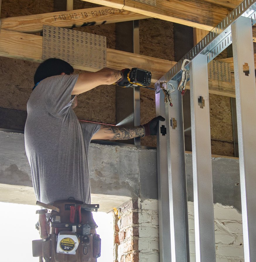Interior is framed with studs.