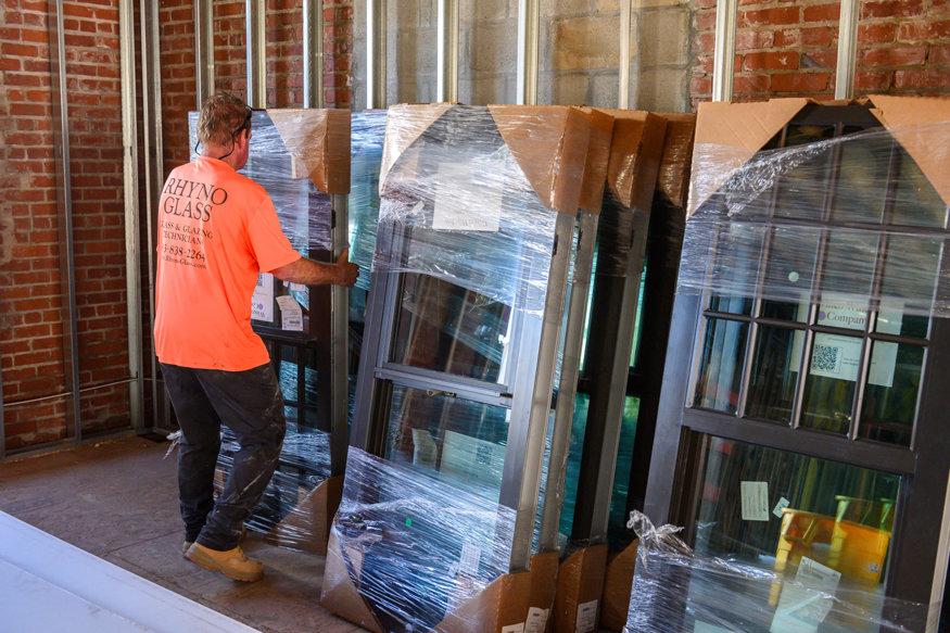 Windows staged inside building.