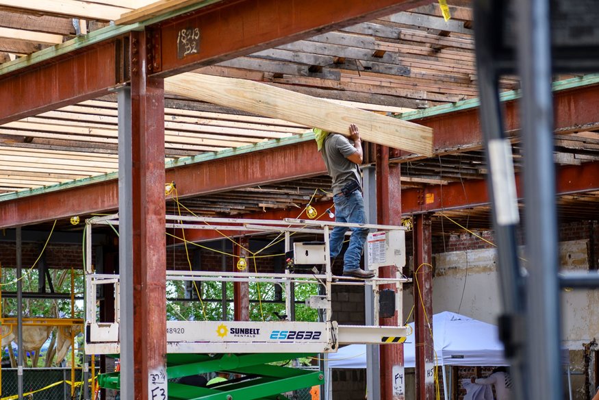 View of new wooden trusses in the Woolworth building.
