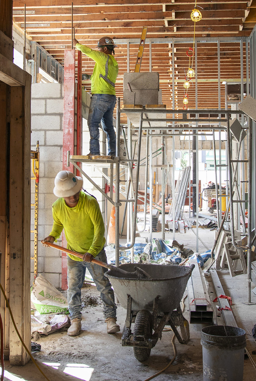 Steel rebar strengthens the block wall.